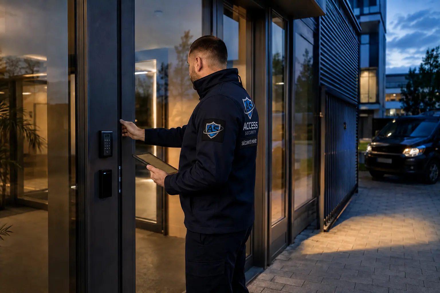 Agent Union Access Security vérifiant la fermeture et le contrôle d’accès d’un bâtiment