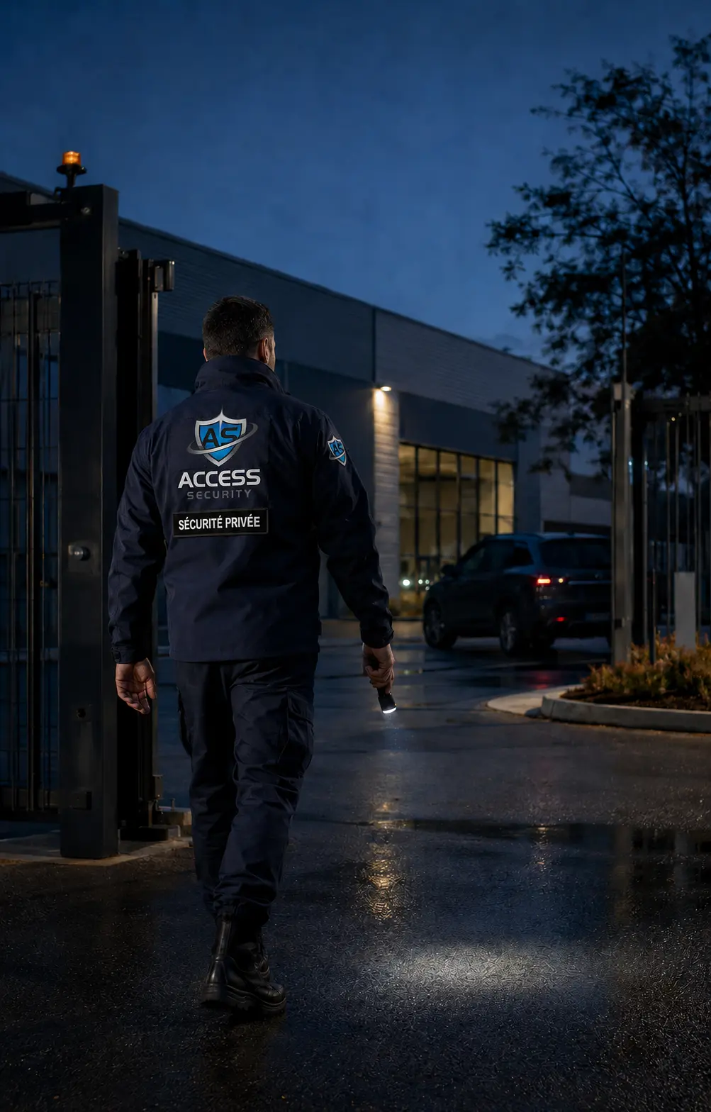 Agent Union Access Security effectuant une ronde nocturne sur un site professionnel